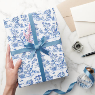 Blue Chinoiserie Pagodas Toile Wrapping Paper
