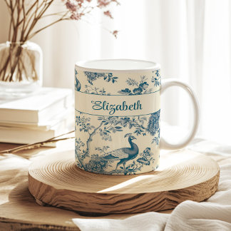 Blue Chinoiserie Peacock Custom Name Coffee Mug