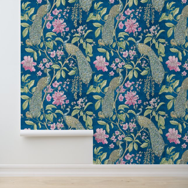 Blue Chinoiserie peacock floral peel and stick  Wallpaper (Application)
