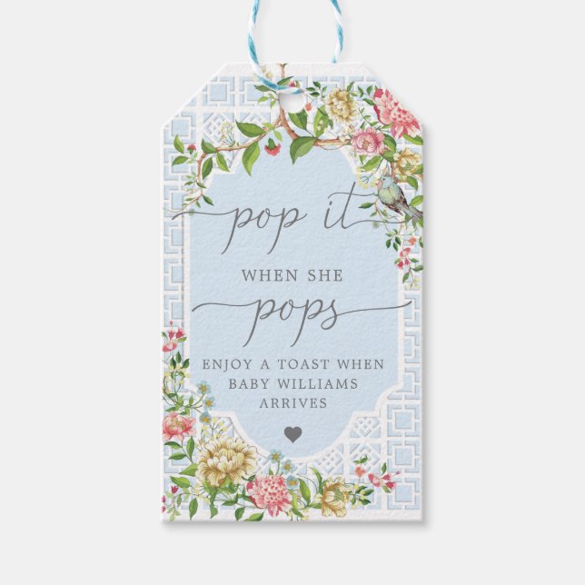 Blue Chinoiserie Pop When She Pops Favour Tag (Front)
