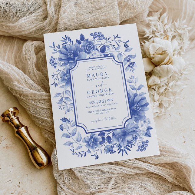 Blue Chinoiserie Porcelain Botanical Peony Wedding Invitation (Creator Uploaded)