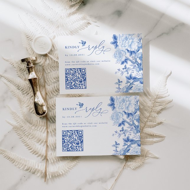 Blue Chinoiserie QR Code Wedding Website RSVP Card (Creator Uploaded)