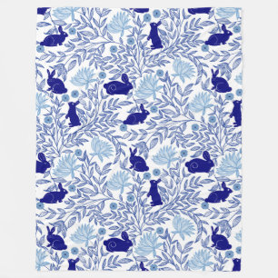 Blue Chinoiserie Rabbit–Elegant Vintage Bunny Fleece Blanket