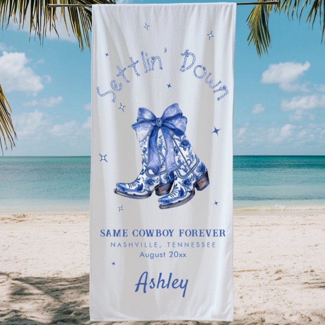 Blue Chinoiserie Settlin Down Bachelorette Party  Beach Towel (Creator Uploaded)