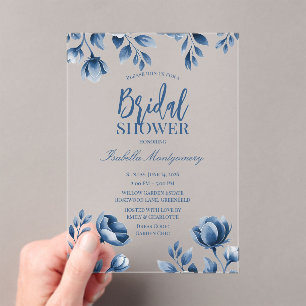 Blue Chinoiserie Style Bridal Shower Acrylic Invitations