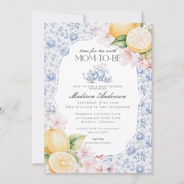 Blue Chinoiserie Tea Party Baby Shower  Invitation (Front)
