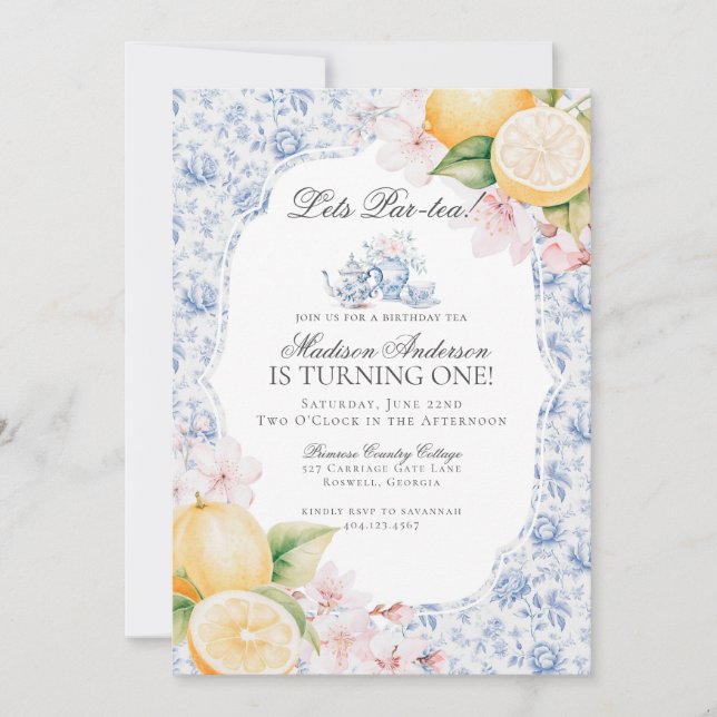 Blue Chinoiserie Tea Party Birthday Toile Invitation (Front)