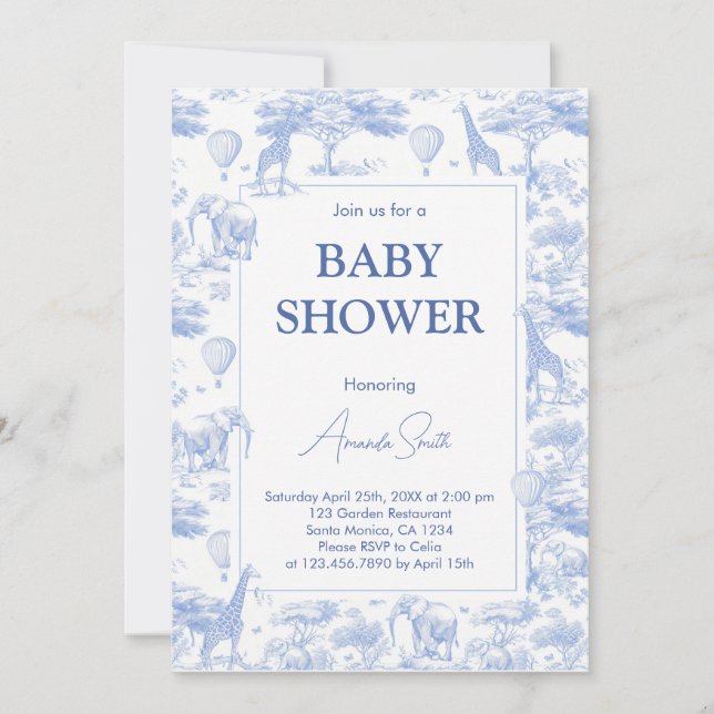 Blue Chinoiserie Toile de Jouy baby shower Invitation (Front)