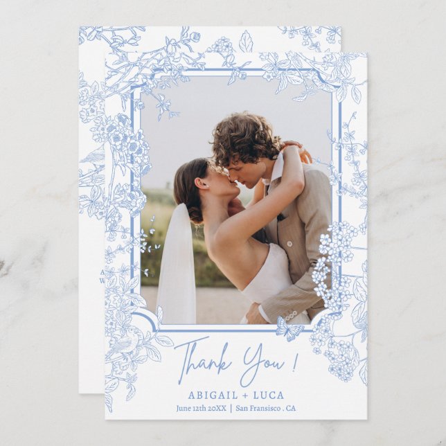 Blue Chinoiserie Toile de Jouy Wedding Photo Thank You Card (Front/Back)