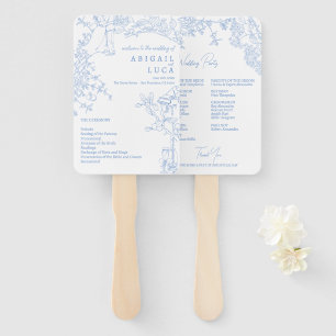 Blue Chinoiserie Toile de Jouy Wedding Program Hand Fan