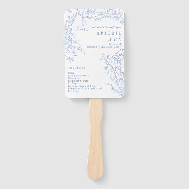 Blue Chinoiserie Toile de Jouy Wedding Program Hand Fan (Front)