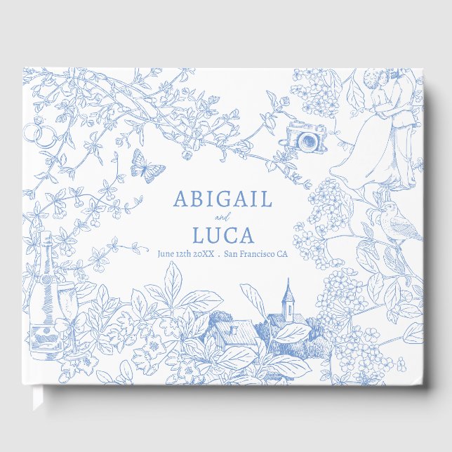 Blue Chinoiserie Toile de Jouy Wedding Save Date Guest Book (Front)