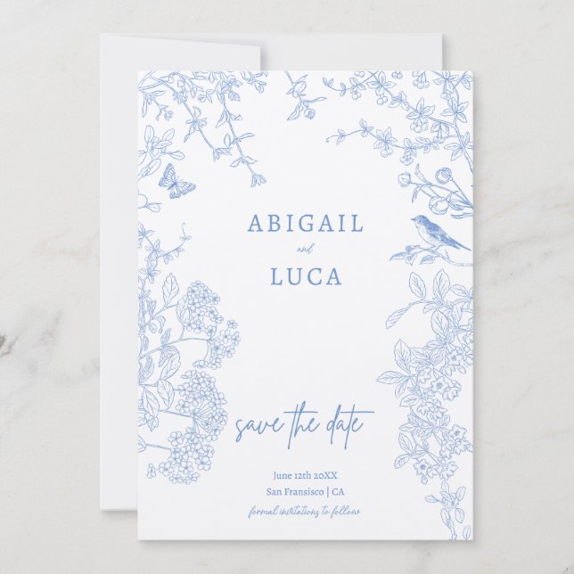 Blue Chinoiserie Toile de Jouy Wedding Save Date I Invitation (Front)