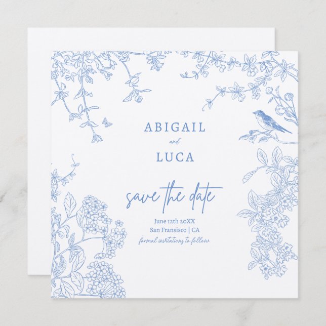 Blue Chinoiserie Toile de Jouy Wedding Save Date Invitation (Front/Back)