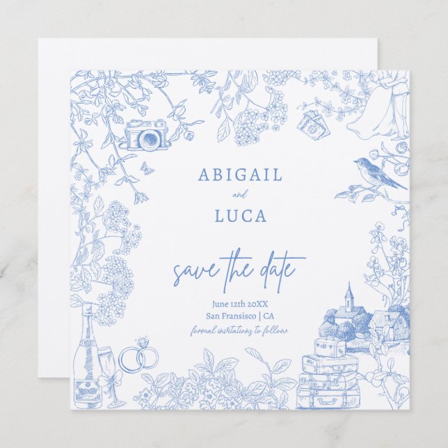 Blue Chinoiserie Toile de Jouy Wedding Save Date Invitation (Front/Back)
