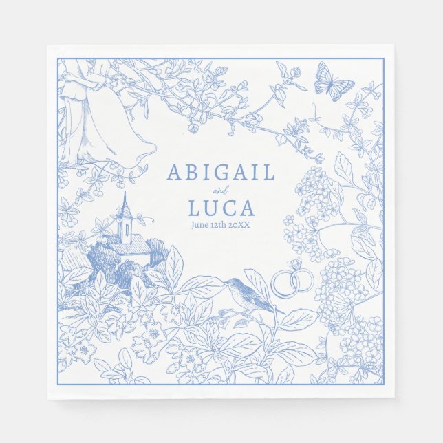 Blue Chinoiserie Toile de Jouy Wedding Save Date Napkin (Front)
