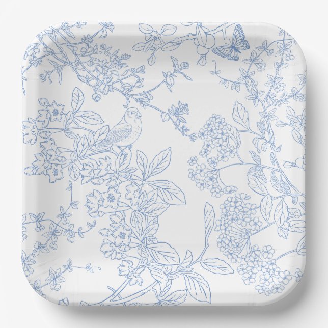 Blue Chinoiserie Toile de Jouy Wedding Save Date Paper Plate (Front)