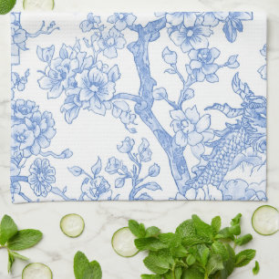 Blue Chinoiserie Toile Dragon Cherry Blossom Tea Towel
