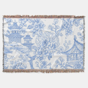 Blue Chinoiserie Toile Dragon Cherry Blossom Throw Blanket