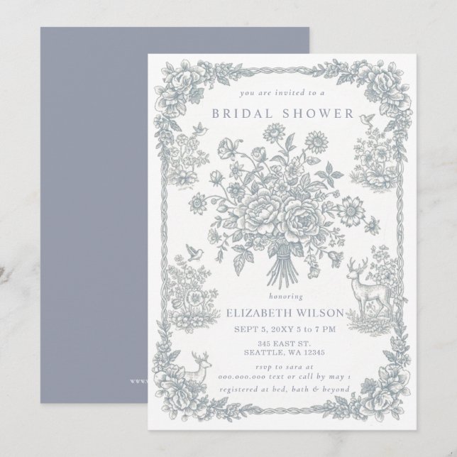 Blue Chinoiserie Toile Floral Bridal Shower Invitation (Front/Back)