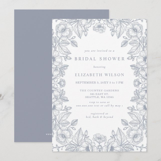 Blue Chinoiserie Toile Floral Bridal Shower Invitation (Front/Back)