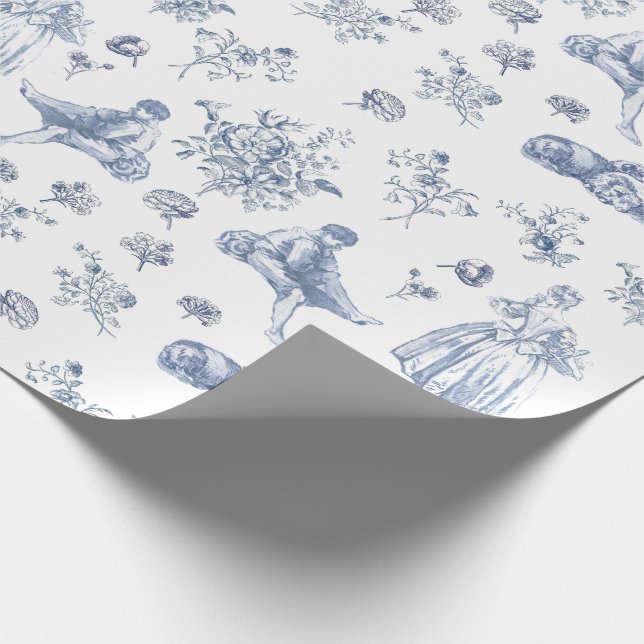 Blue Chinoiserie Toile Floral Pastoral French Wrapping Paper (Corner)