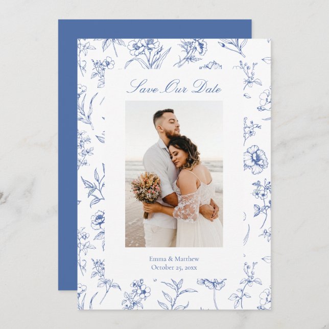 Blue Chinoiserie Toile Flowers Photo Save The Date (Front/Back)