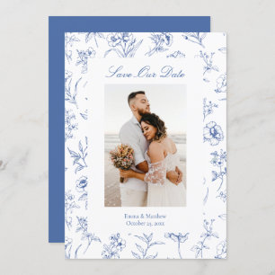 Blue Chinoiserie Toile Flowers Photo Save The Date