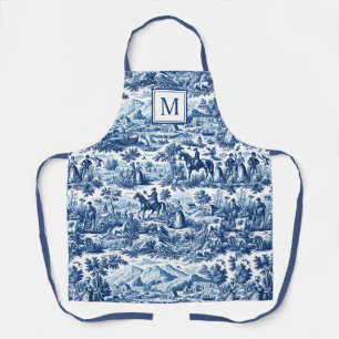 Blue Chinoiserie Toile Pattern Monogram Apron