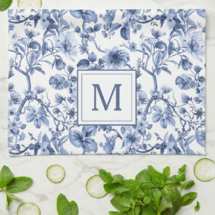 Blue Chinoiserie Toile Pattern Monogram Tea Towel