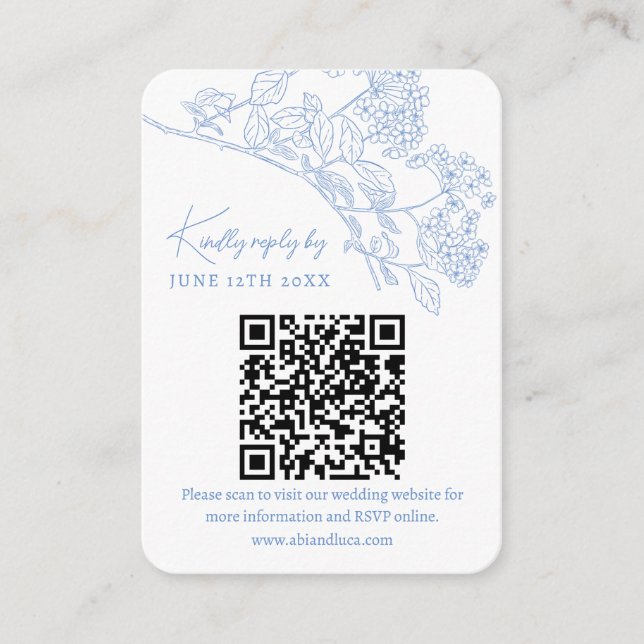 Blue Chinoiserie Toile Weddin Website RSVP QR code Enclosure Card (Front)