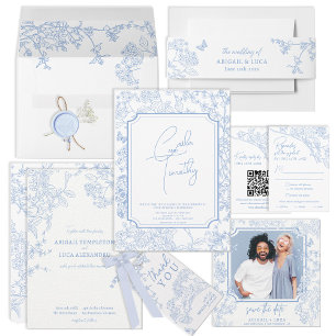 Blue Chinoiserie Toile Wedding Save Date Photo Invitation