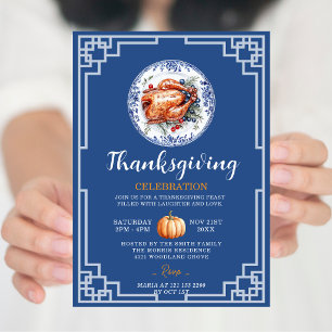 Blue Chinoiserie Turkey Thanksgiving Celebration Invitation
