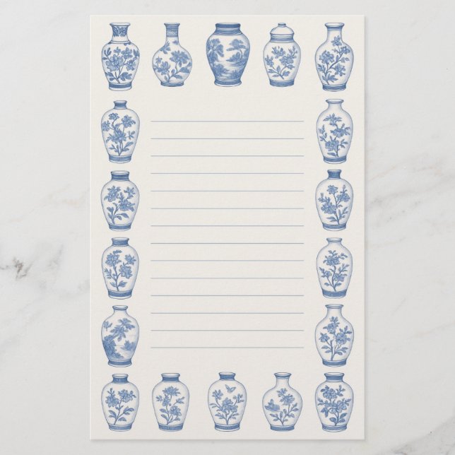 Blue Chinoiserie Vase Stationery – Elegant Lined  (Front)