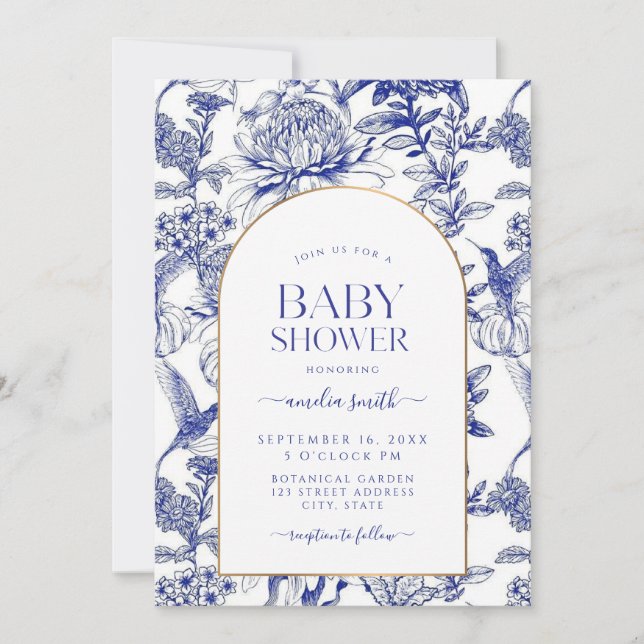 Blue Chinoiserie Victorian Floral baby shower Invitation (Front)