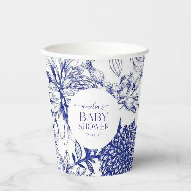 Blue Chinoiserie Victorian Floral baby shower  Paper Cups (Front)