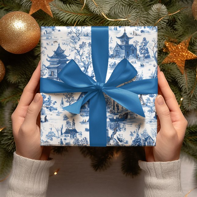 Blue Chinoiserie Village Christmas Wrapping Paper (Creator Uploaded)