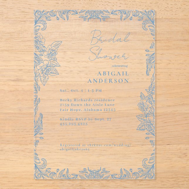 Blue Chinoiserie Vintage Bridal Shower Acrylic Invitations (Front)