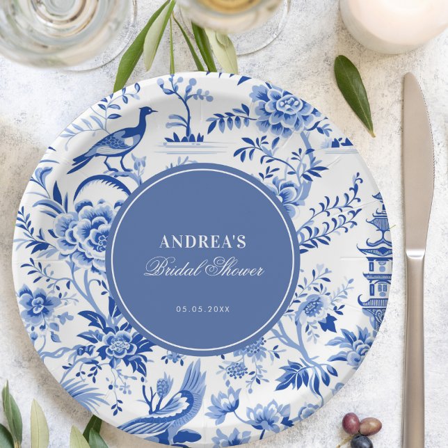 Blue chinoiserie vintage bridal shower paper plate (Creator Uploaded)