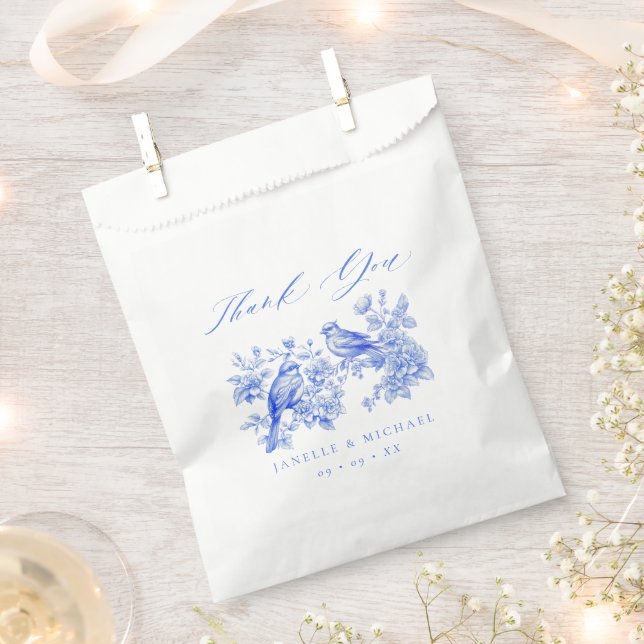 Blue Chinoiserie Vintage Love Birds Wedding Favour Bag (Clipped)