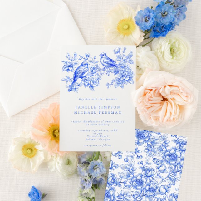 Blue Chinoiserie Vintage Love Birds Wedding Invitation (Creator Uploaded)