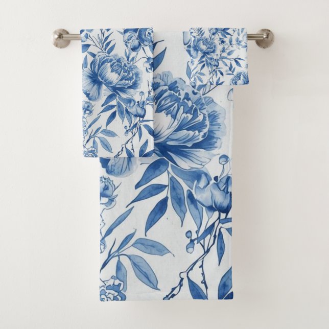 Blue Chinoiserie Watercolor Floral Botanical Bath Towel Set (Insitu)