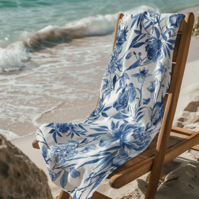 Blue Chinoiserie Watercolor Floral Botanical Beach Towel (Creator Uploaded)