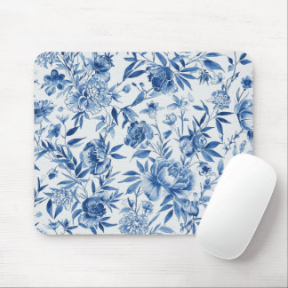 Blue Chinoiserie Watercolor Floral Botanical Mouse Pad