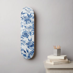 Blue Chinoiserie Watercolor Floral Botanical Skateboard