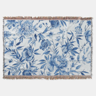 Blue Chinoiserie Watercolor Floral Botanical Throw Blanket