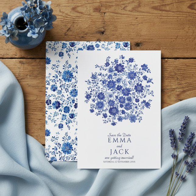 Blue Chinoiserie watercolor Floral Save the Date (Blue Chinoiserie watercolor Floral Save the Date)