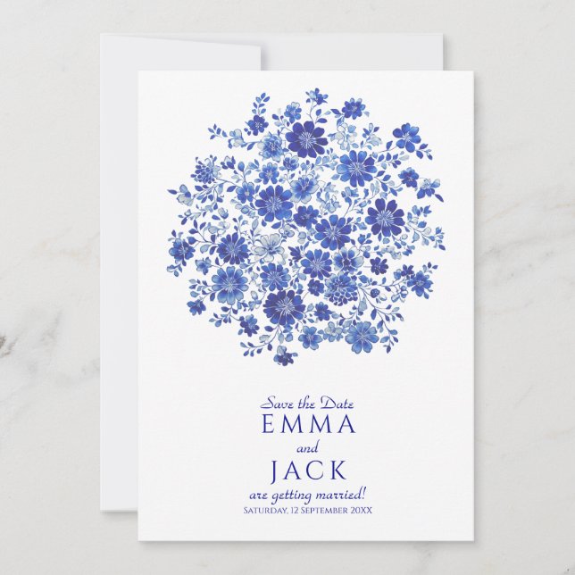 Blue Chinoiserie watercolor Floral Save the Date (Front)