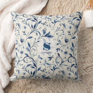 Blue Chinoiserie Watercolor Vine & Floral Cushion
