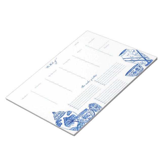 Blue Chinoiserie Weekly Planner Notepad (Angled)